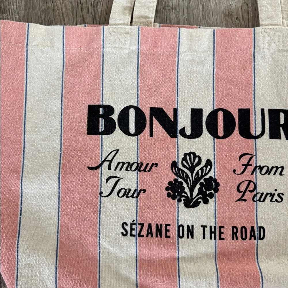 Sézane Bonjour Pink and Cream Striped Tote Bag - Picture 2 of 3